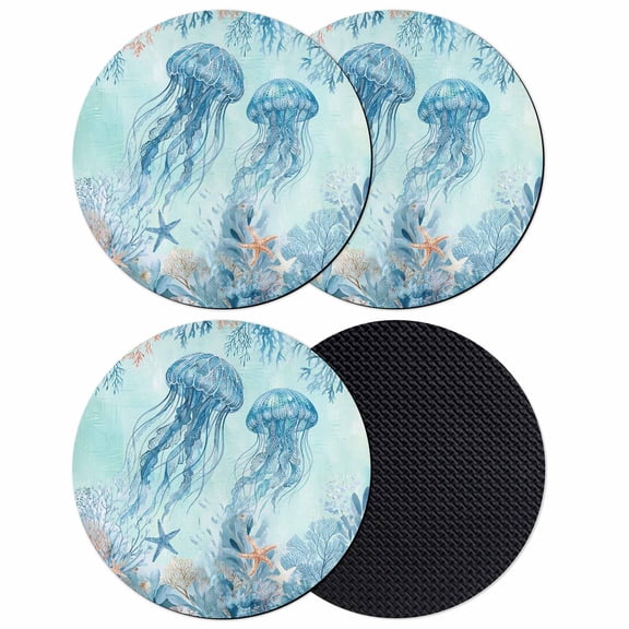 Coastal Jellyfish Blue Coasters Set of 4, Absorbent Coasters for Drinks, Summer Beach Nautical Coral Starfish Coaster for Desk Coffee Table Protection, Home Decor House Warming Gifts 4"