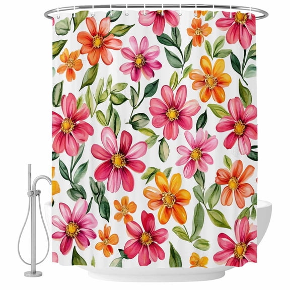 Pink Orange Flowers Fabric Shower Curtain Watercolor Green Leaves Washable Shower Curtains for Bathroom, Waterproof Bath Curtain with Hooks Home Decor 72x72in