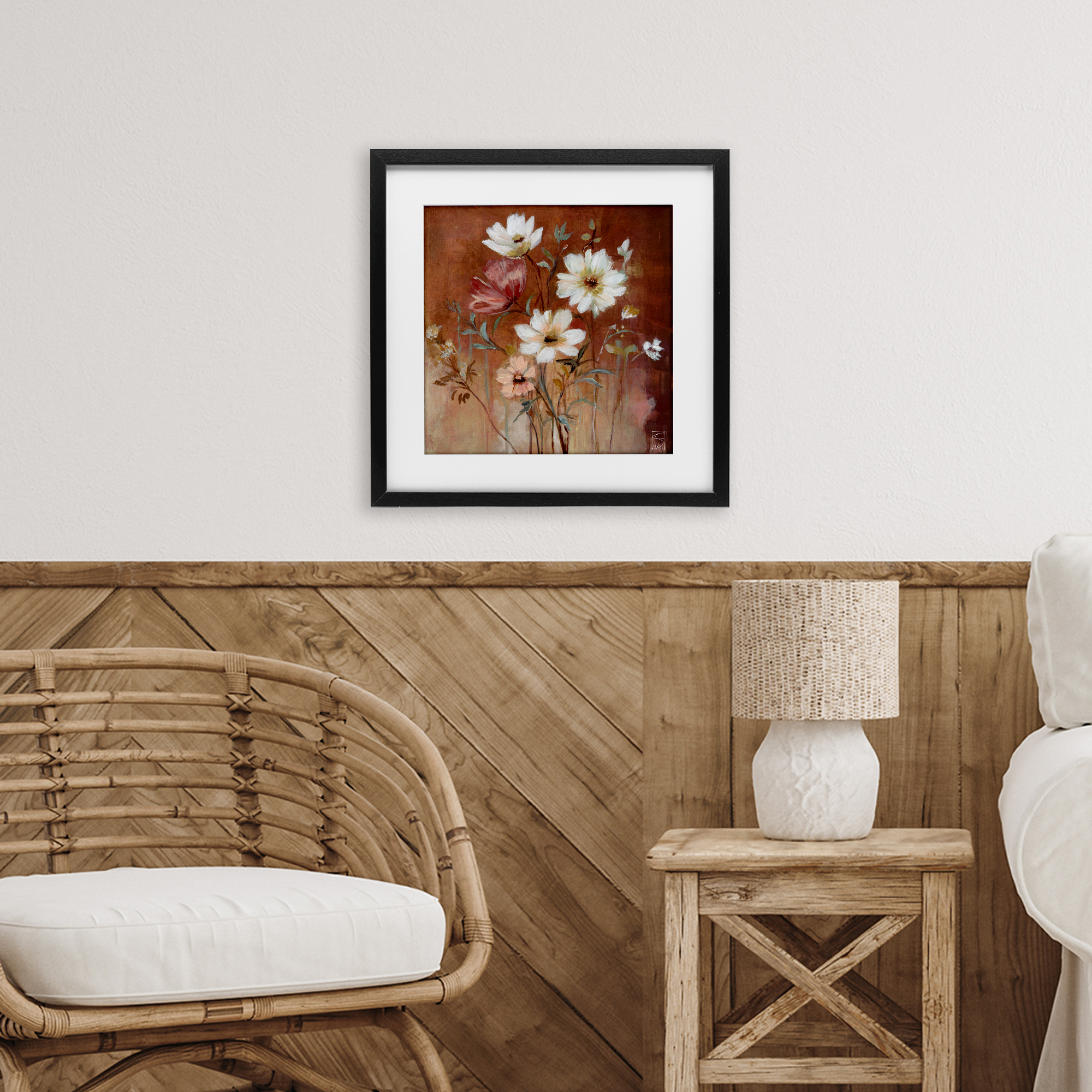 Mocha Flowers Collection Black Framed Print Under Glass, design by Sara Culpepper