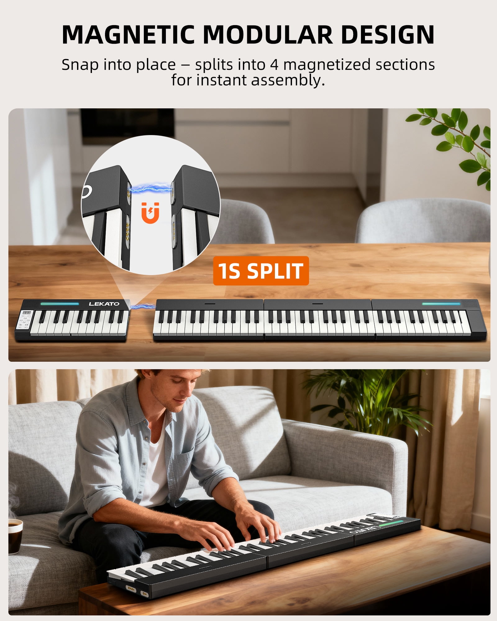 LEKATO Portable Piano Keyboard, 4 pcs Magnetic Electric Piano with Up to 88 Keys, 128 Tones, 128 Rhythm, 21 Demo, Split, Dual Tone, Record, Bluetooth MIDI, Headphone Jack, for Beginners Home Travel