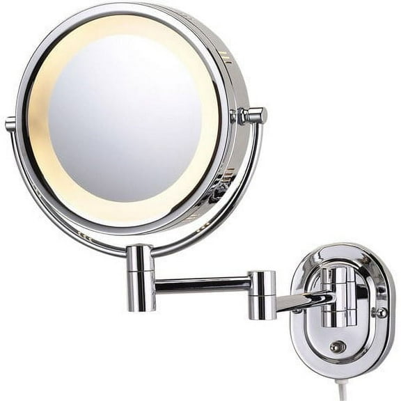 Jerdon Wall-Mounted Makeup Mirror with 5X Magnification - Chrome Makeup Mirror with LED Lights - Plug in - HL65C