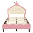 thumbnail image 3 of Bellemave Twin Size PU Leather Upholstered Bed with Crown Shaped Headboard Lovely Princess Bed with Button Tufted Design Twin Platform Bed Frame fo Teens, Pink + Cream, 3 of 10