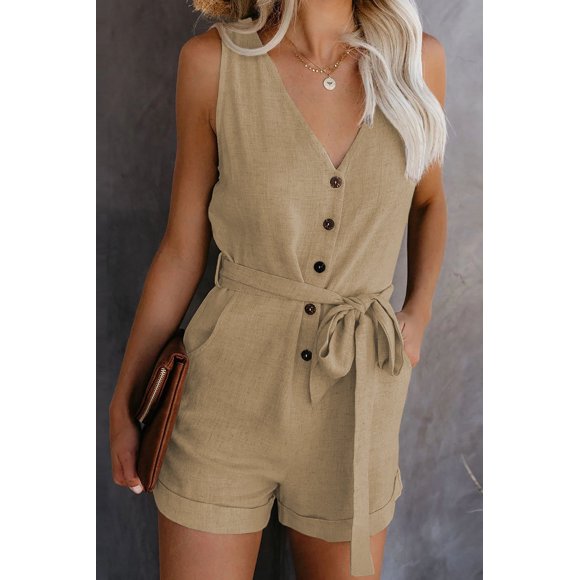 Women's Summer Casual V-Neck Sleeveless Bow Solid Color Five-Point Shorts Jumpsuit