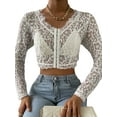 thumbnail image 2 of Gzhioc Women's Sheer Lace Crop Tops, Long Sleeve Solid Color Single-Row Clasp Slim Fit Shirts, 2 of 7