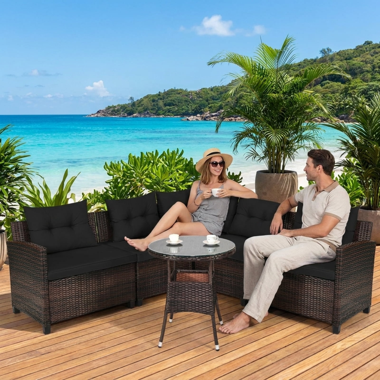 Furnibear 4 Pieces Outdoor Cushioned Rattan Furniture Set Patio Conversation Set with Loveseat Two Armchairs and Table for Backyard, Black