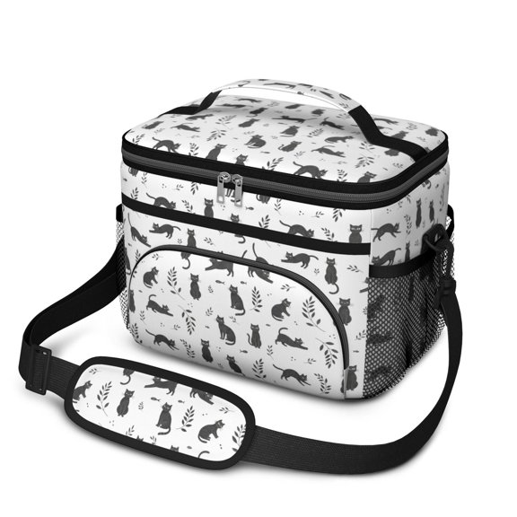 Black Cat and Leaf White Pattern Insulated Lunch Box for Women Men, Medium Leakproof Cooler Bag with Adjustable Strap, 10"x6.7"x8"