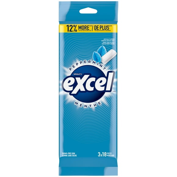 EXCEL, Peppermint Flavoured Sugar Free Chewing Gum, 18 Pieces, 3Packs, 3 Packs, 18Pellets