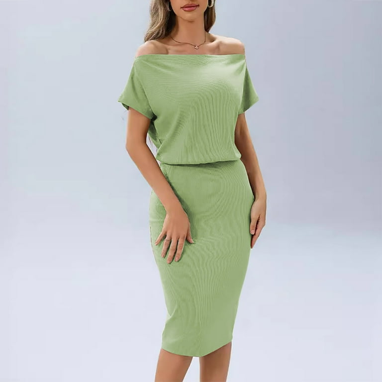 Uaswgudfs Women's One-Shoulder Short Sleeve Midi Dress - Modern Cinched Waist & Versatile Chic for Summer Casual Occasions Mint Green L