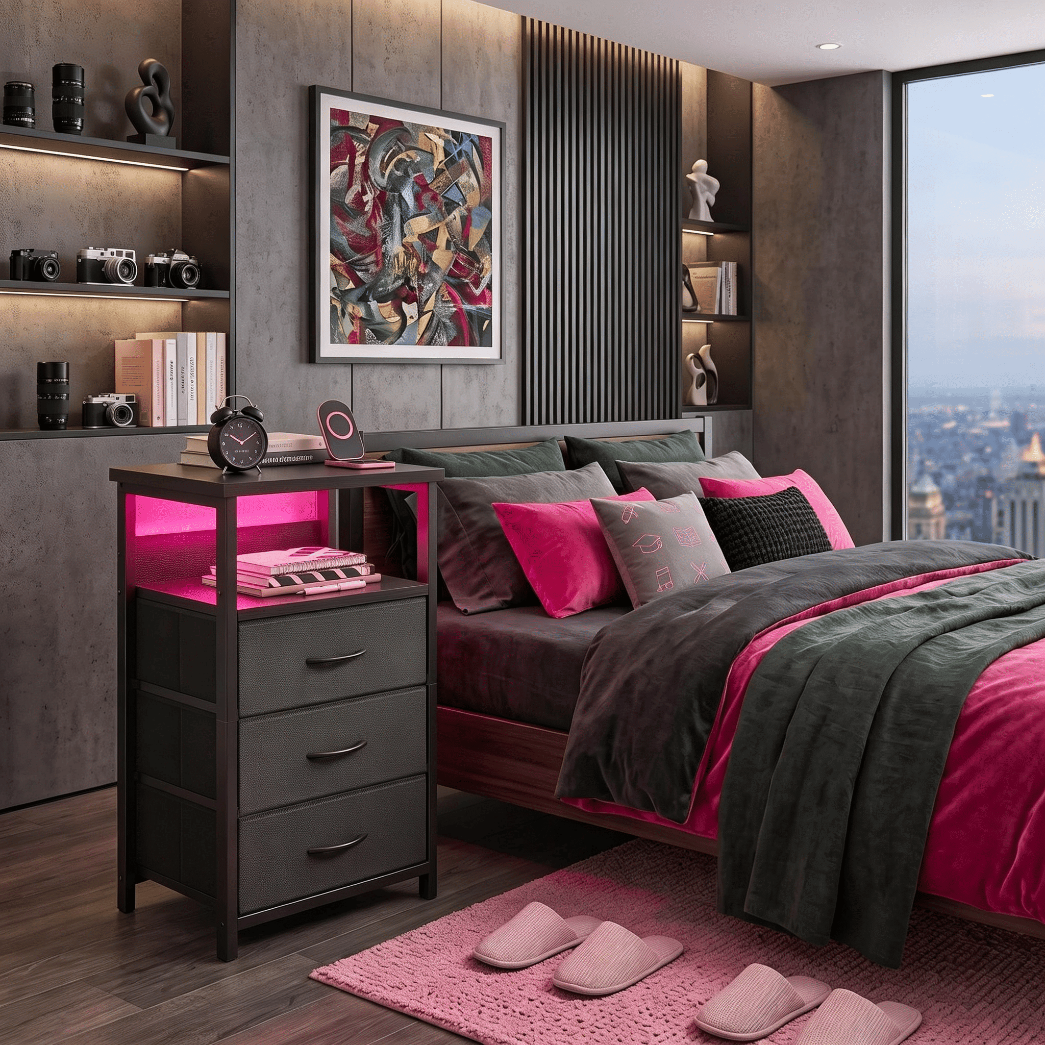 Nightstand with Charging Station, 3 Fabric Drawers, LED Light and Open Shelf, Iron Frame Bedside End Table for Bedroom