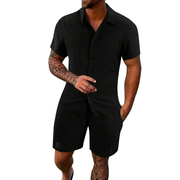 Krdevn Men's Short Sleeve Shirt & Shorts Set Casual Comfortable Breathable Summer Beach Outfit 2-Piece Athletic Wear,Color: Black Size: 3XL