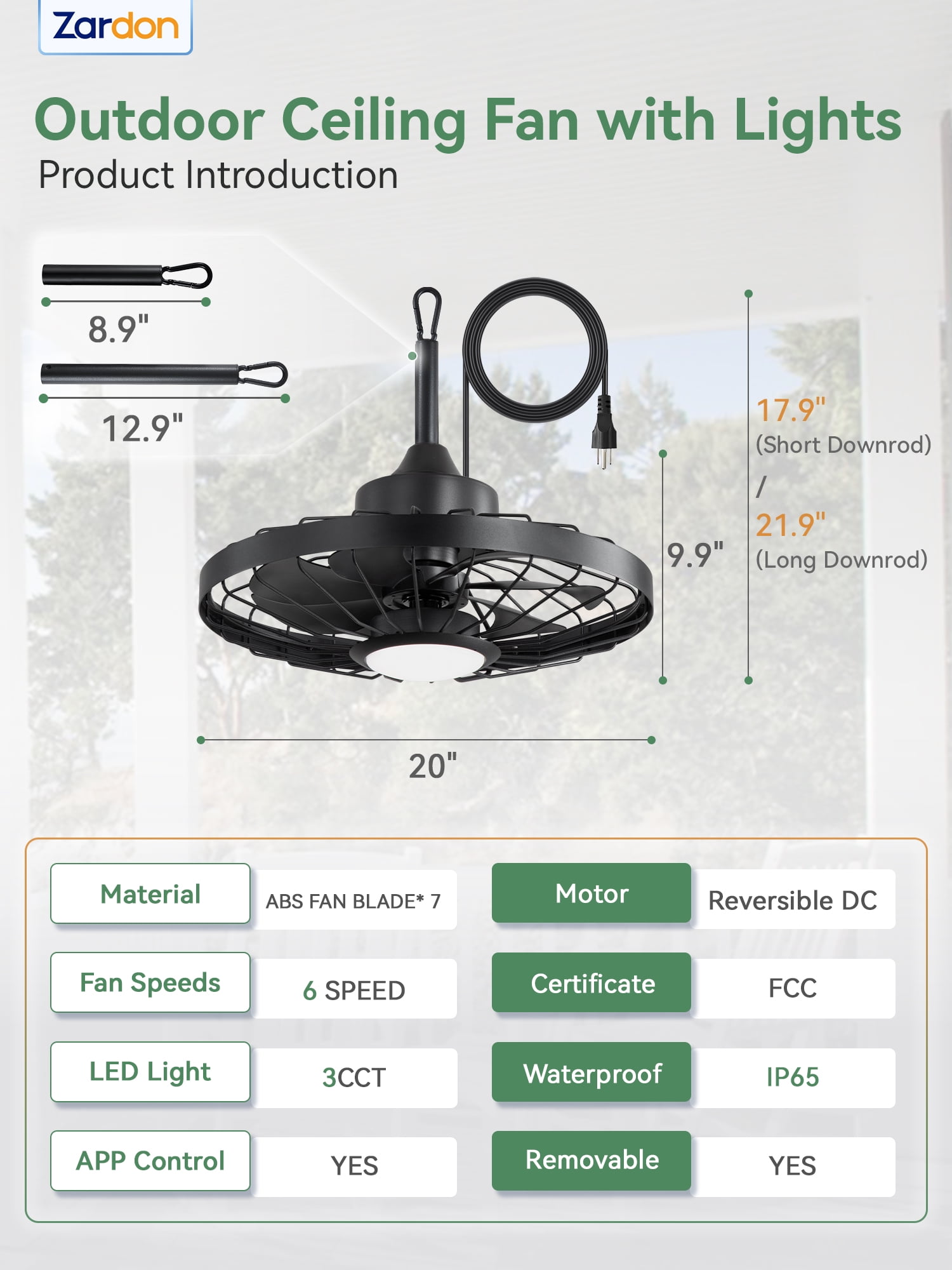 Zardon 20" Outdoor Ceiling Fan with Light and Remote Control, Waterproof Farmhouse Hanging Ceiling fans for Patio Gazebo Porch Pergola, 6 Speeds, APP Control, Black