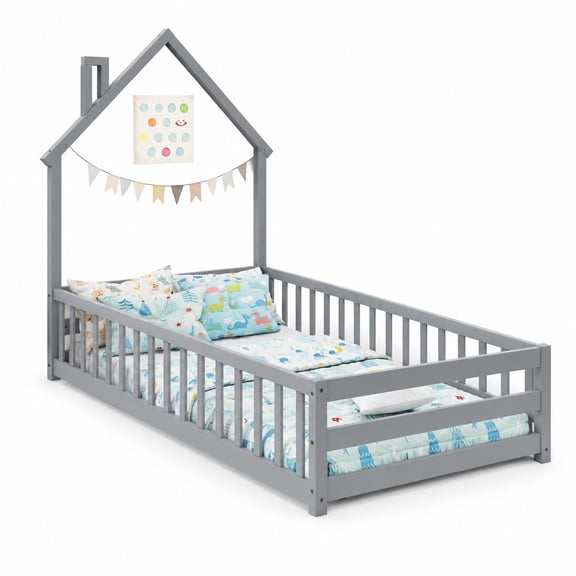 Twin Wood Floor Bed with Full-Length Safety Rail | Montessori House Bed Frame with Fence, No Box Spring Needed, Low Platform Bed for Boys, Girls, Gray