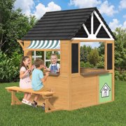 BUPPLEE Kids Outdoor Wooden Playhouse, Cottage Style, Door Window Fence Bench Blackboard