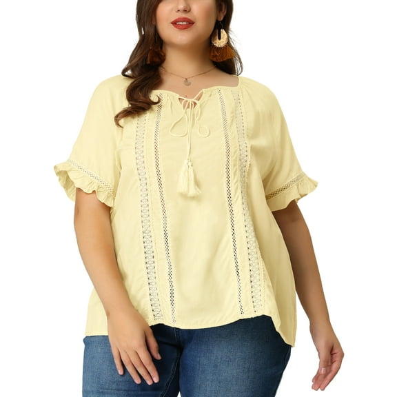 Agnes Orinda Women's Plus Size Tassel Shirts Summer Tops Hollow Out Ruffled Sleeve Lace Blouses 4X Yellow Cream