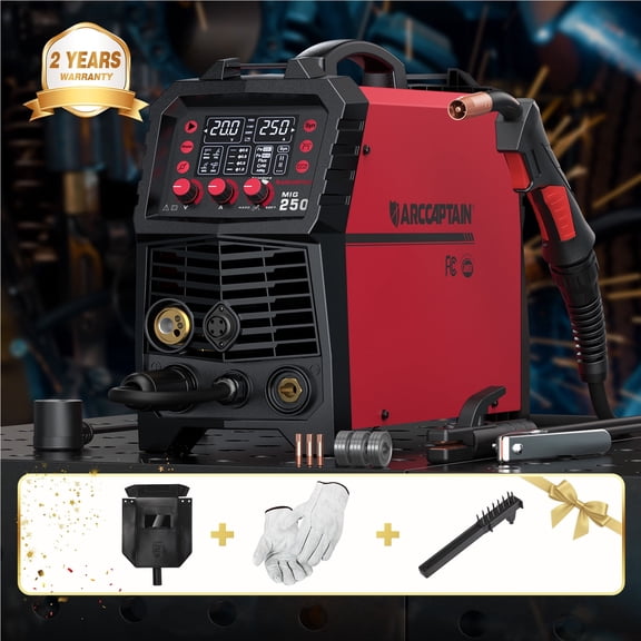 ARCCAPTAIN 250A MIG Welder, 110V 220V Gas MIG/Gasless Flux Core MIG/Stick/Lift TIG/Spool Gun/Spot 6 in 1 Welding Machine Aluminum Welding Machine Professional Welder Machine with Large LED Display