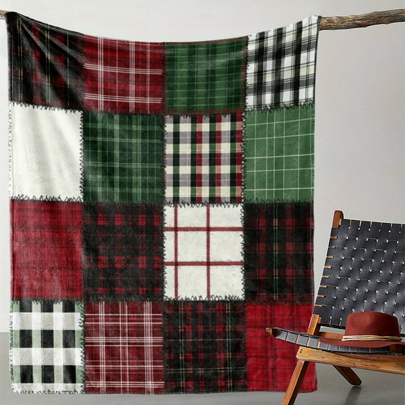 Cozy Flannel Christmas Blanket - Plaid Patchwork Design, Soft & Warm for Couch, Bed, Car, Office, Camping - Versatile All-Season Gift