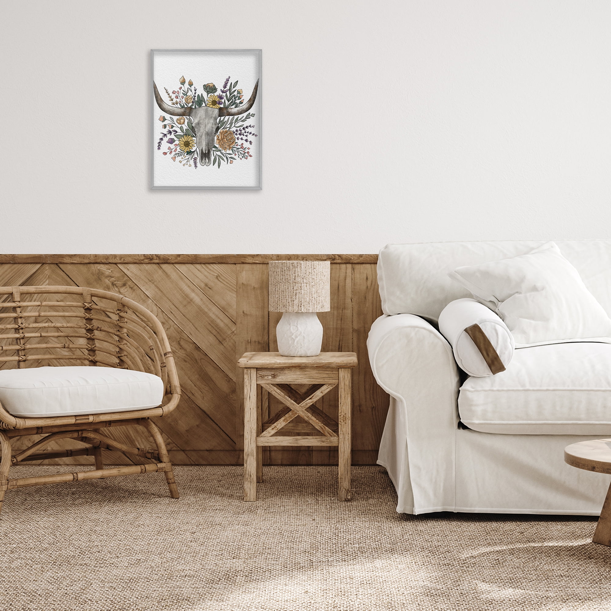 Stupell Industries Boho Wildflower Longhorn Gray Framed Giclee Art, design by Alisha Kiara Design