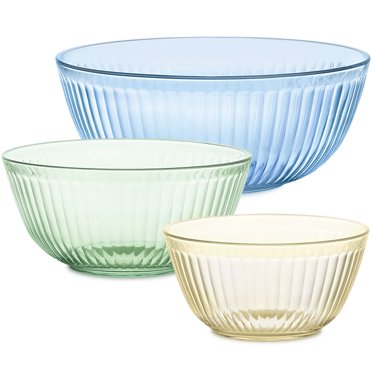 Pyrex Sculpted Tinted 3-Piece Glass Mixing Bowl Set, 1.3qt Amber/2.3qt Green/4.5qt Blue
