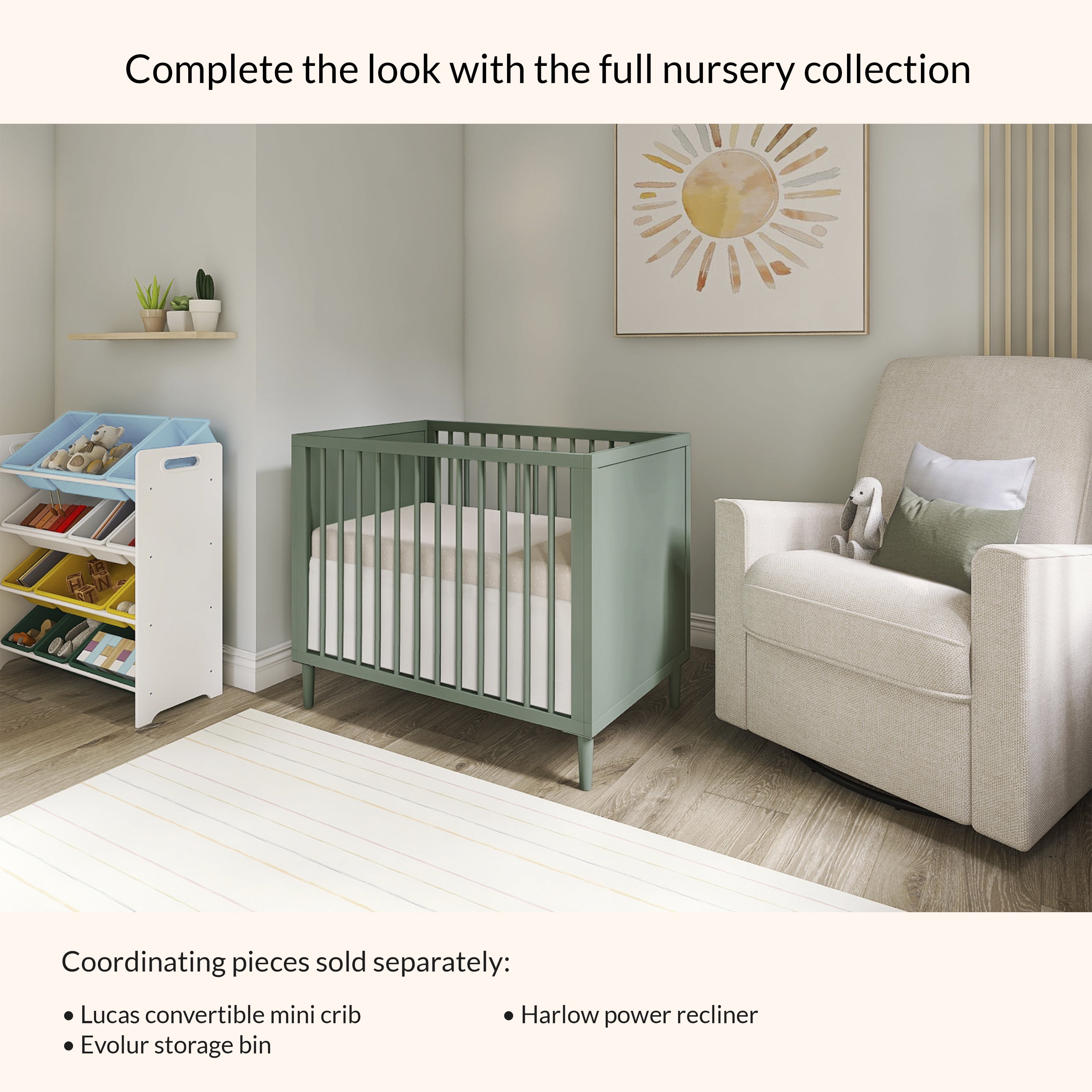Dream On Me Lucas Mini Modern Crib With Rounded Spindles I Convertible Crib I Mid- Century Meets Modern I Portable Crib, Meadow Green
