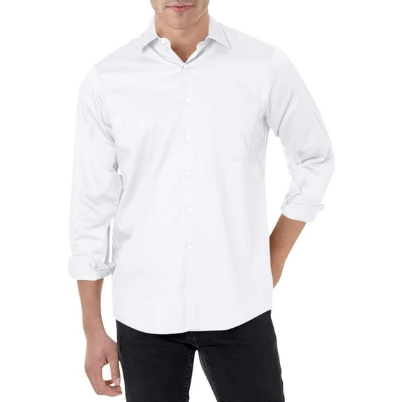 Van Heusen Men's Dress Shirts Regular Fit Lux Sateen Stretch Solid, White, 16.5" Neck 34"-35" Sleeve