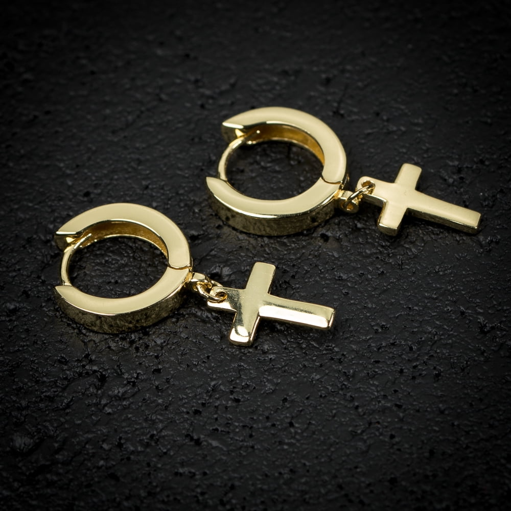 Solid Yellow Gold Plated 925 Sterling Silver Post Drop Dangle Cross Huggie Hoop Earrings  Small 12mm Huggie Hoops Dangling Earrings