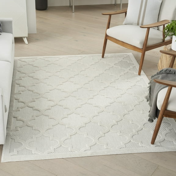 Nourison Easy Care Indoor/Outdoor Ivory/White 5' x 7' Area Rug, Moroccan, Trellis, Bedroom, Living Room, Backyard, Deck, Patio, Easy Clean, Non Shedding