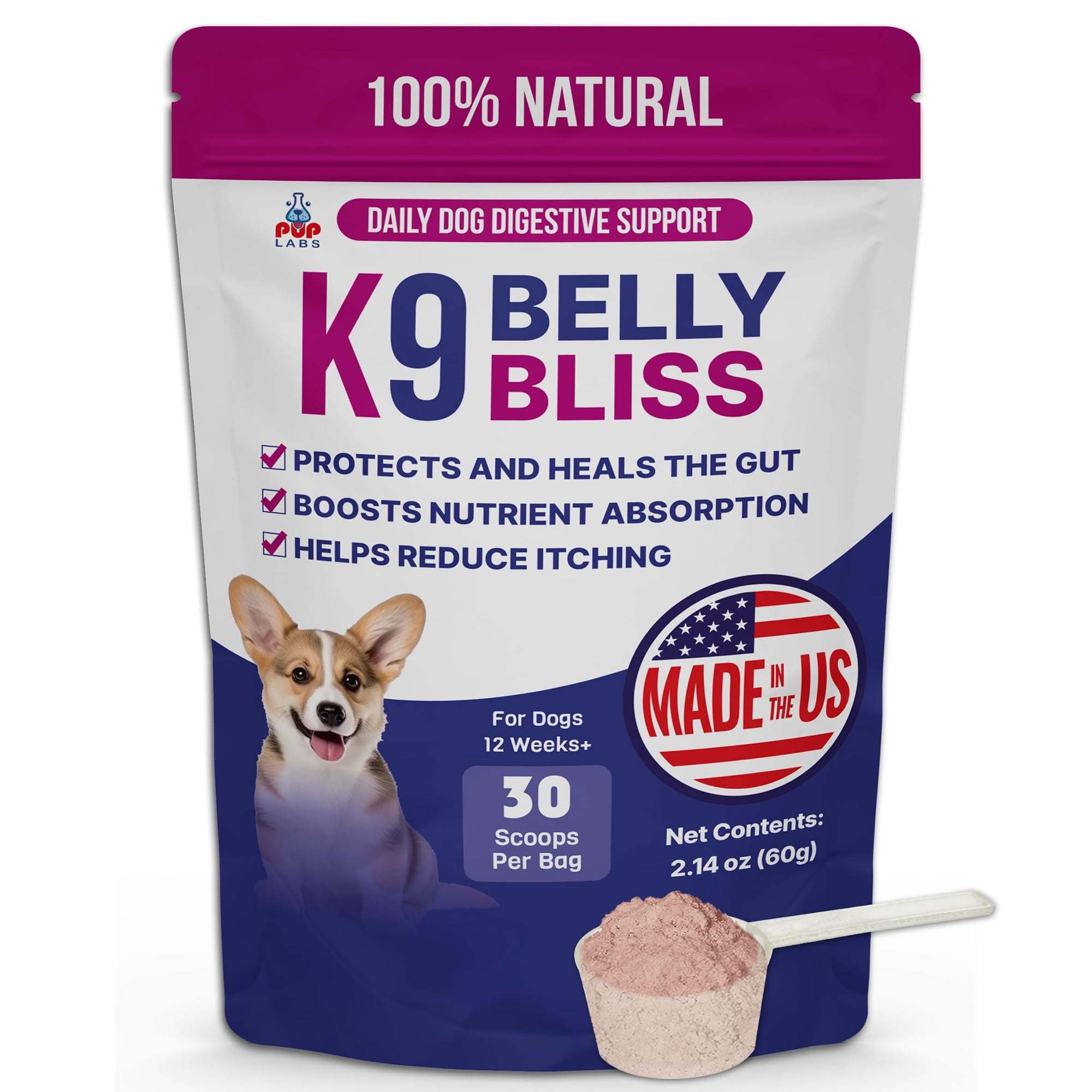 Pup Labs K9 Belly Bliss, Vet Approved Prebiotic for Dogs, Topper for Dry and Wet Food, 30 Scoops