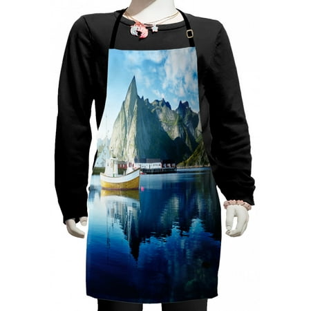 

European Kids Apron Sunset in Norwegian Lake by Fjords Formation Yacht Fishing Arctic Harbor Island Print Boys Girls Apron Bib with Adjustable Ties for Cooking Baking Painting Blue by Ambesonne