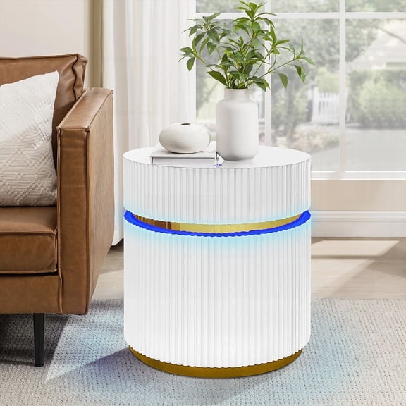Tavita's 19.5" Round White Side Table with LED Lights & a Gold Brim