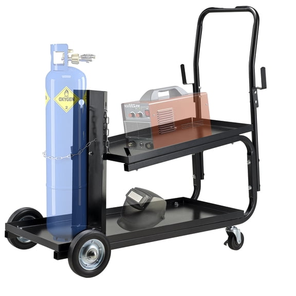 Welding Cart, MIG TIG ARC Welder Cart w/Upgraded Handle, Galvanized Casters， 330lbs Capacity Portable Welding Tank cart, Plasma Cutting Machine, Larger Running Gear with Cylinder Rack