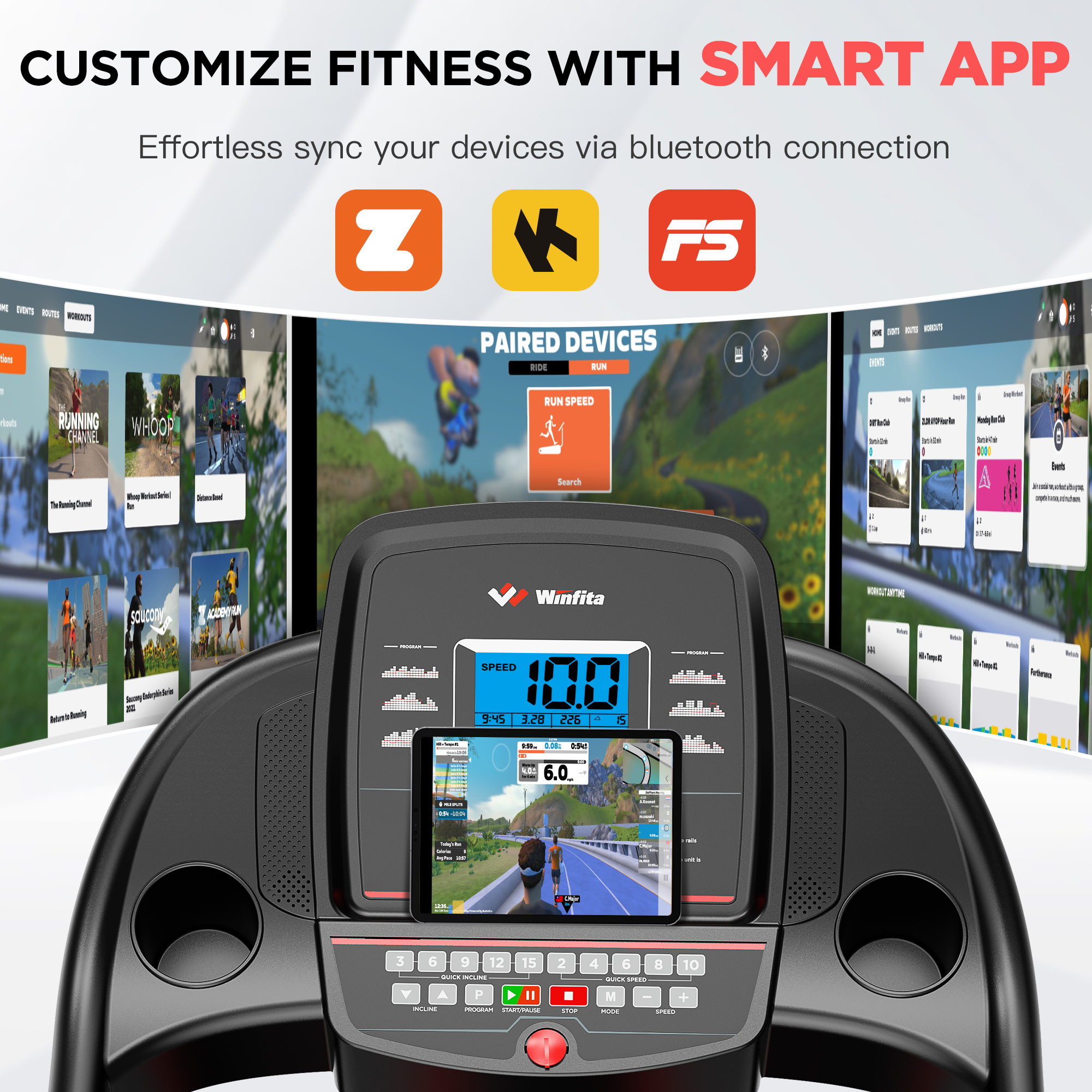 Winfita 4HP Folding Treadmill with 15% Auto Incline, 10MPH Compact Treadmills for Home with 300LBS Capacity, 18"x50" Wide Belt, FREE App & Bluetooth, LCD Display, 73Programs, Portable Running Machine