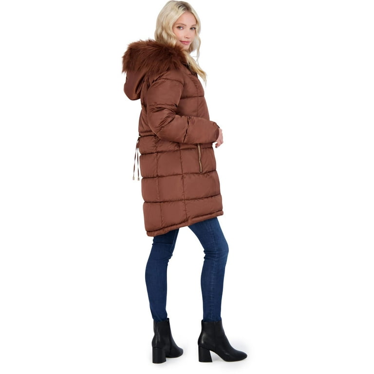 Brown padded coat with fur hood 2025