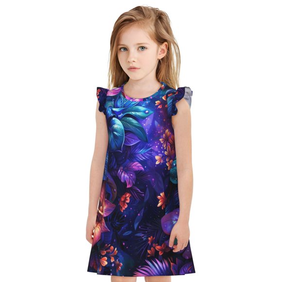 Vsdgher Magic Colorful Forest Leaves for Girls Nightgowns Toddler Flutter Short Sleeves Nightdress Nightie Dress Sleepwear Pajamas for Pajama Party-X-Large