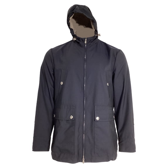 Pre-Owned Brunello Cucinelli Zipped Hooded Parka Jacket with Pockets in Navy Blue Polyamide
