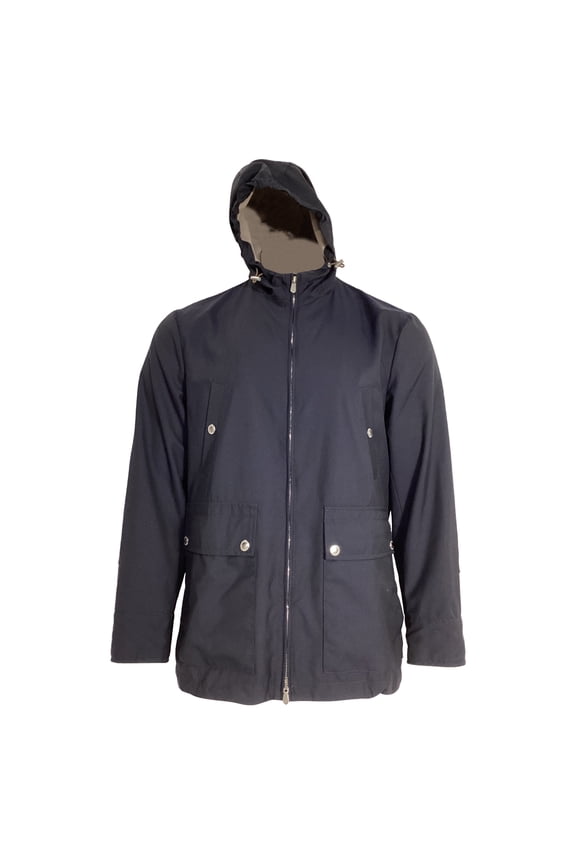 Pre-Owned Brunello Cucinelli Zipped Hooded Parka Jacket with Pockets in Navy Blue Polyamide