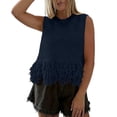 thumbnail image 2 of FDGIU Women's Mock Neck Hollow Knit Sleeveless Tank Top, Fringe Tassel Hem Slim Casual Knit Camisole, 2 of 8