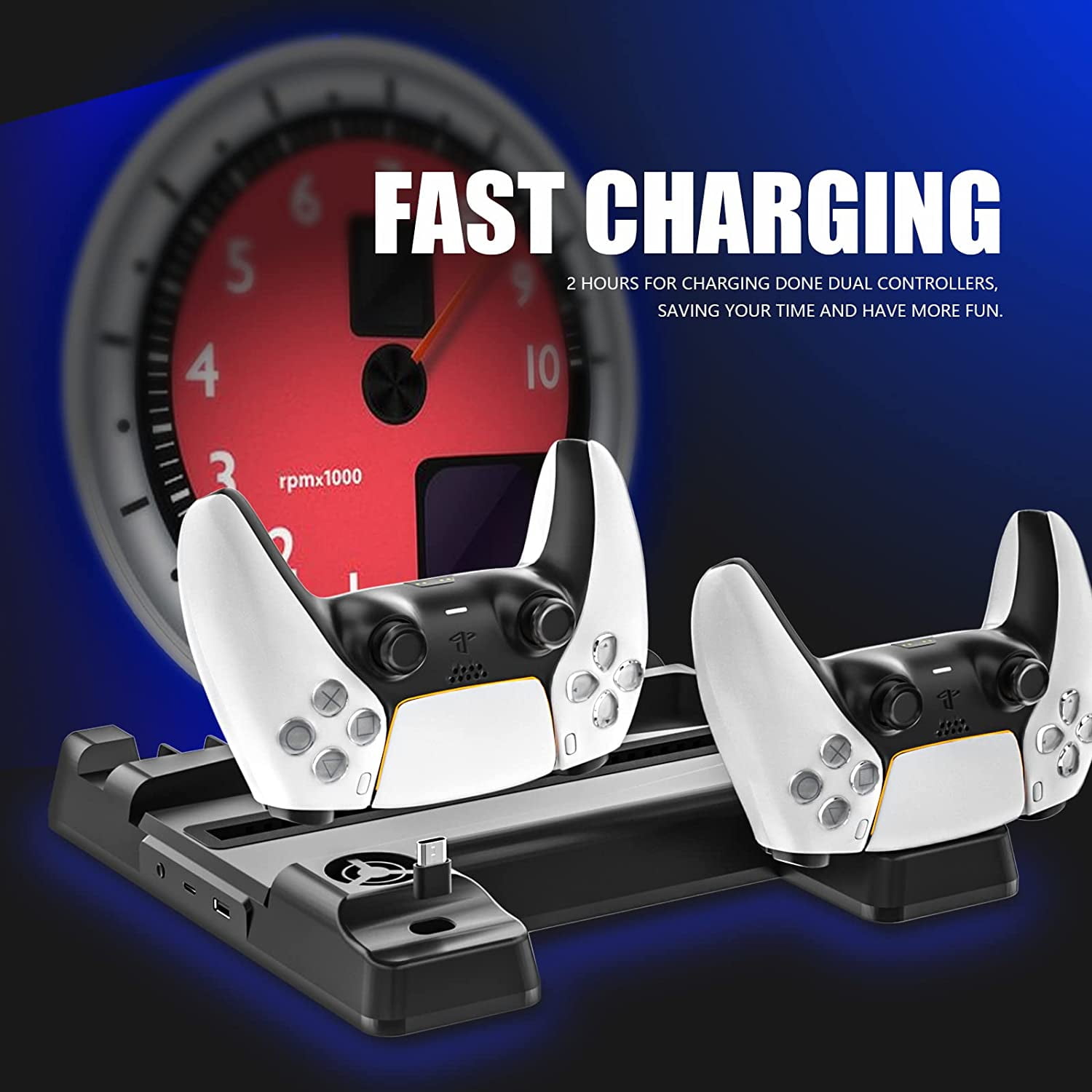 PS5 Charger Station, PS5 Cooling Fan Stand, PS5 Charger Stand with Controller Charger, PS5 Vertical Stand with Cooling Fan and LED Indicator, 3 Levels Adjustable Fans Speed, 12 Game Rack Organizer