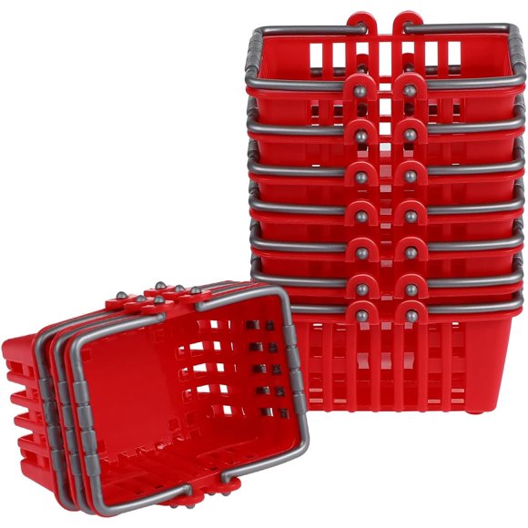 10Pcs Mini Shopping Basket Supermarket Cart Tiny Plastic Retail Baskets with Handles for Kids Party Favors Dool House Ornament Red