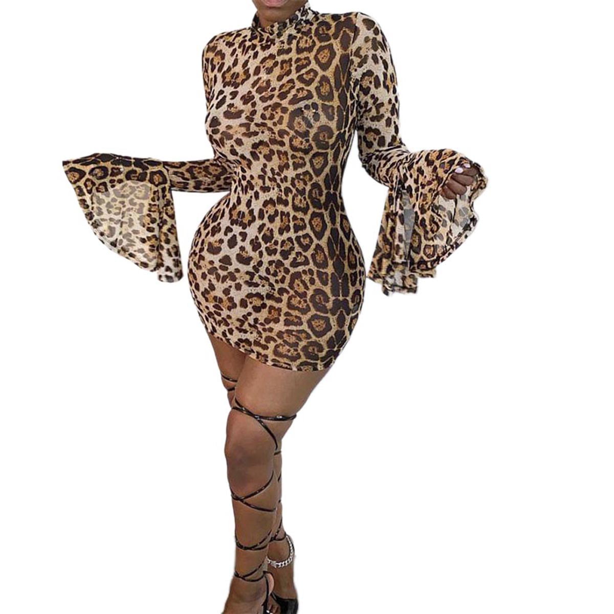 New Women's Fashion Leopard Print Long Sleeves V Neck Slim Dress Clubwear Party