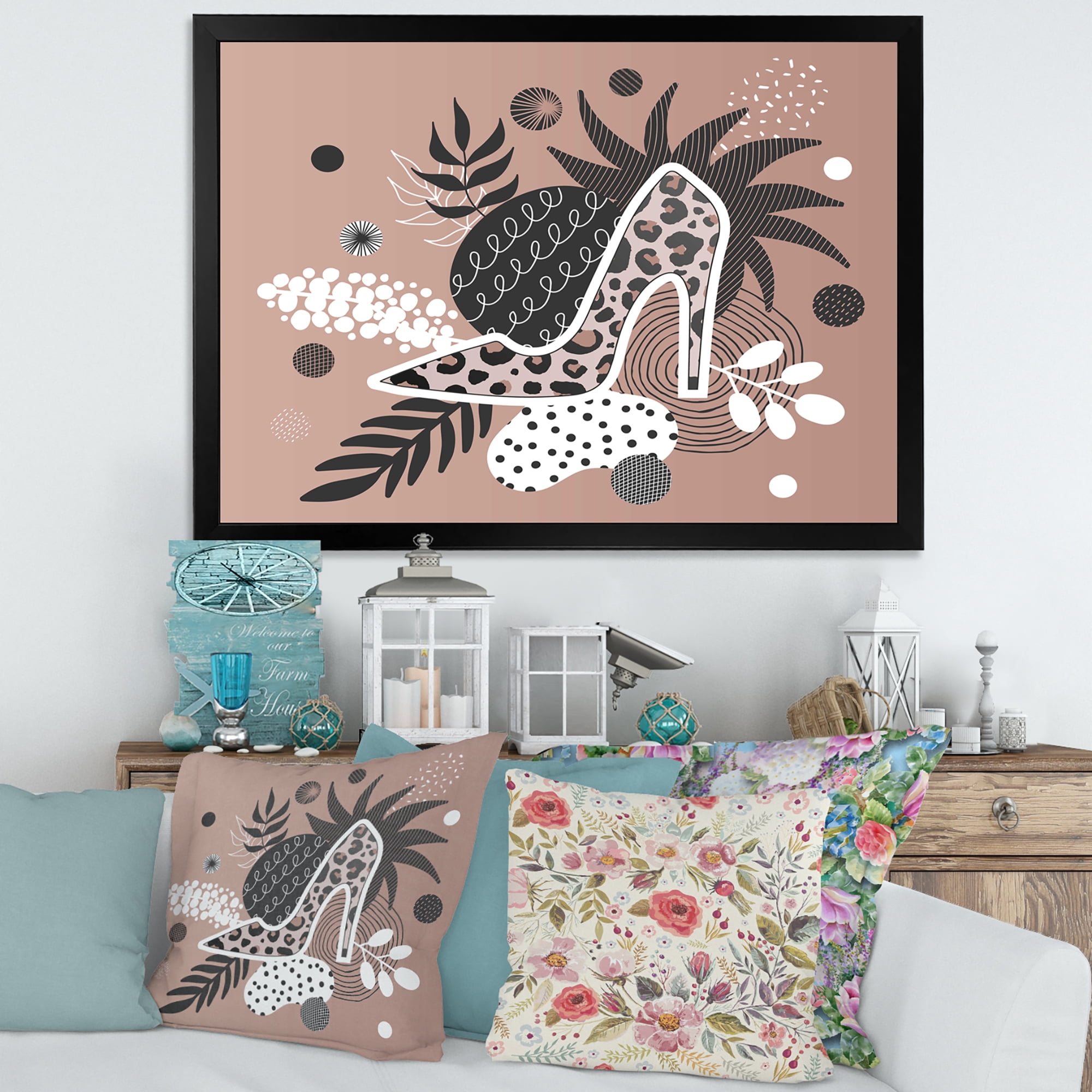 Designart 'Leopard High-Heeled Shoes On Tropical Leaves' Modern Framed Art Print