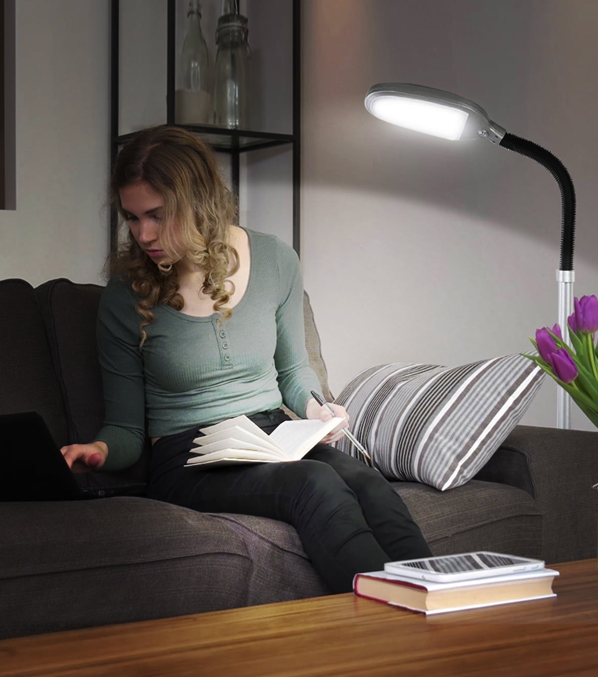 Brightech Litespan - Bright LED Floor Lamp for Crafts and Reading, Estheticians' Light for Lash Extensions, Adjustable Gooseneck Standing Lamp for Living Room, Bedroom and Office - Silver