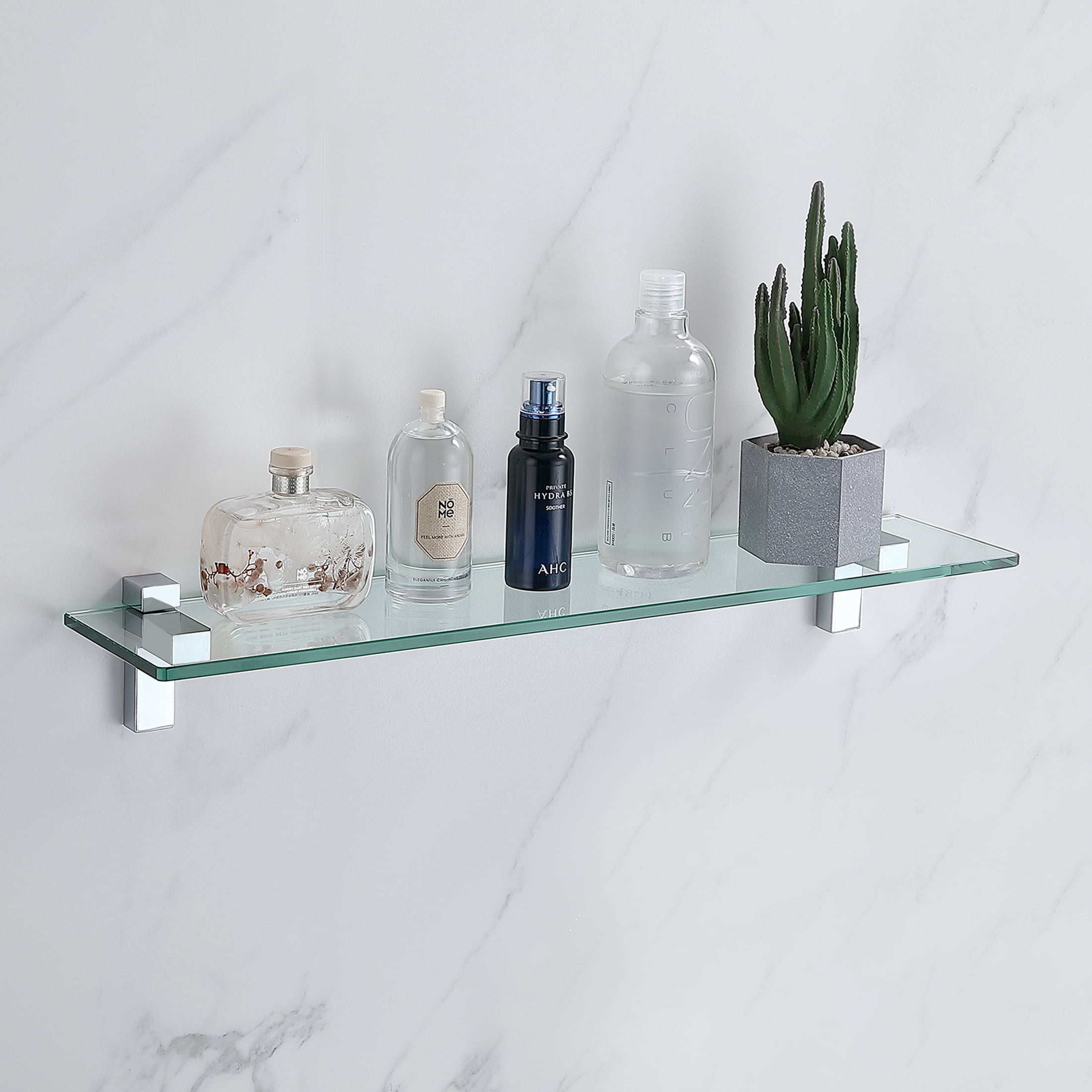 Modern Bathroom Glass Floating Wall Shelves Chrome Fixings Display Shelf 