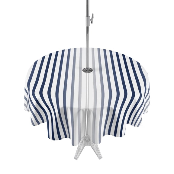 Outdoor Tablecloth with Umbrella Hole Zipper Ombre Navy Blue Grey Striped Round Tablecloth 54" Waterproof Outside Table Cloth Farmhouse Modern Stripes Patio Table Cover Tablecloths for Picnic Party