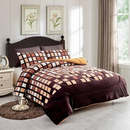3 Piece Printed Fleece Sherpa Down Alternative Comforter Set Queen