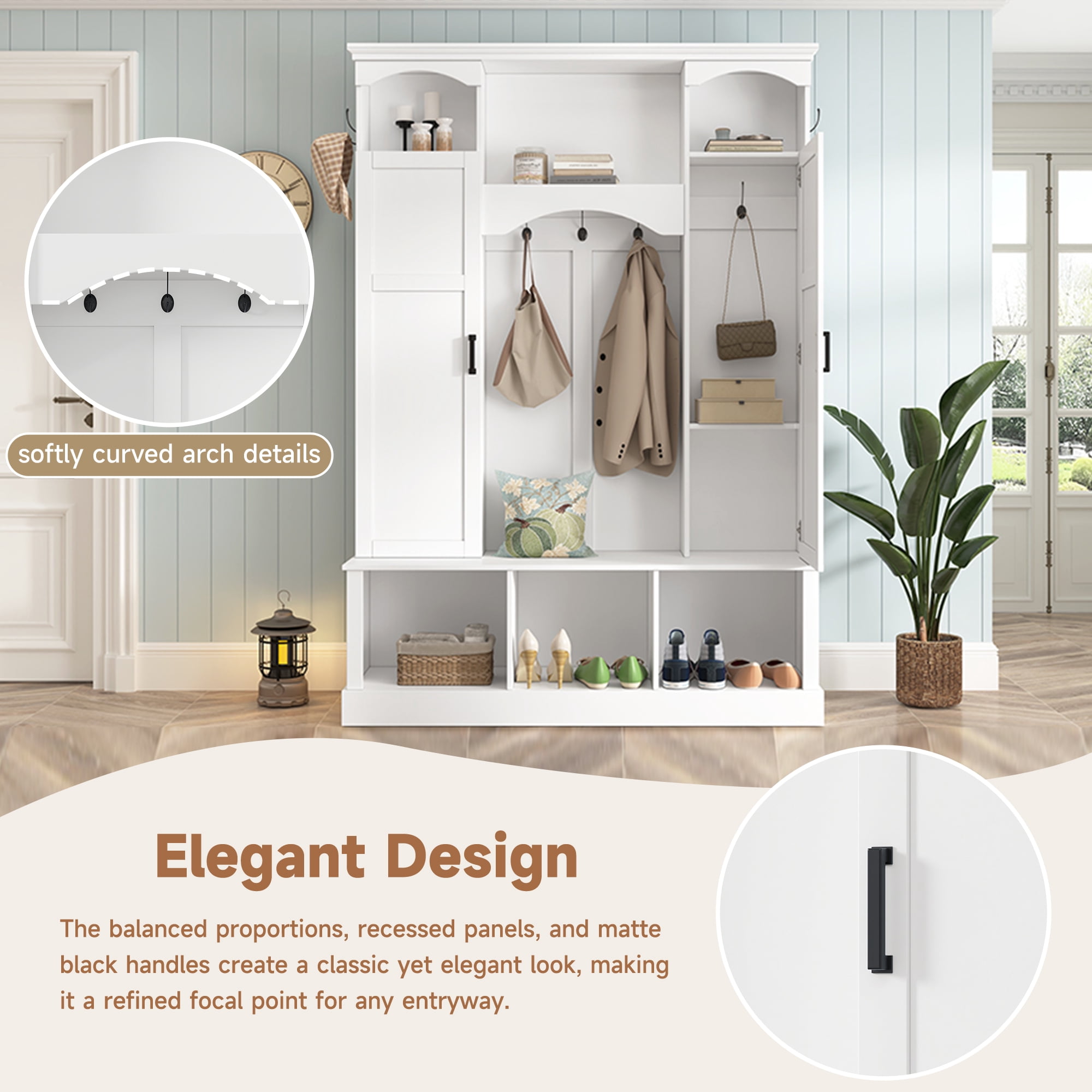 T-Foyer Farmhouse White Hall Tree with 7 Hooks & 2 Cabinets, Wooden Rustic Entryway Organizer with Open Storage & Adjustable Shelves