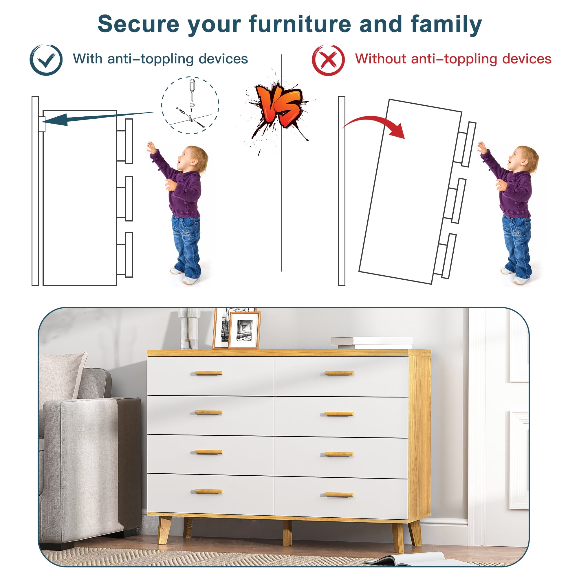 Finihen 8 Drawers Chest of Dressers, Wood Double Dresser Storage Cabinet with Handle Table Leg for Bedroom, Living Room and Hallway, Beige Finihen 8 Drawers Chest of Dressers, Wood Double Dresser Storage Cabinet with Handle Table Leg for Bedroom, Living Room and Hallway, Beige