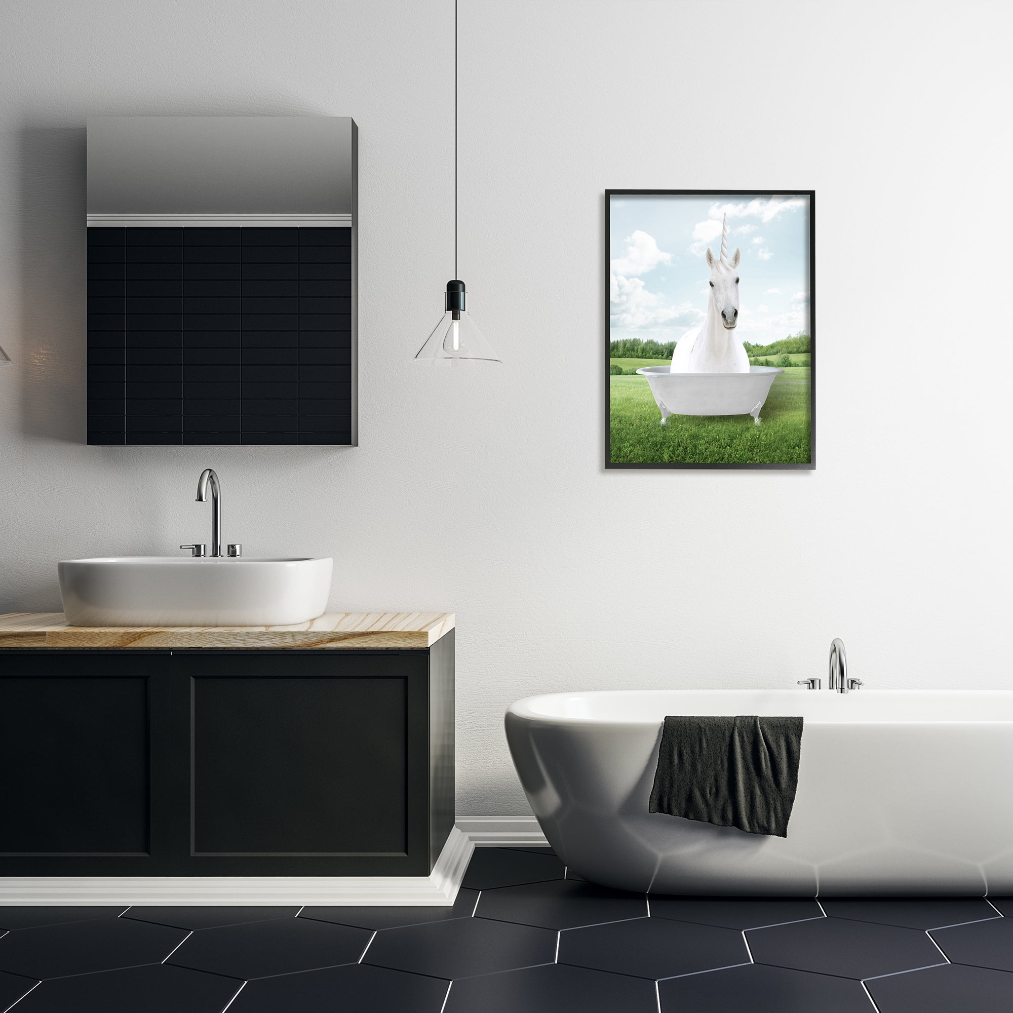Stupell Industries Unicorn Bathtub in Field Nature Painting Black Framed Art Print Wall Art, 24 x 30