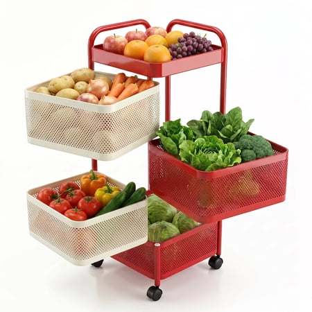 4-Tier Rotating Fruit and Vegetable Rack Metal Kitchen Storage Cart with Mesh Baskets Space-Saving Utility Organizer for Kitchen Living Room Pantry