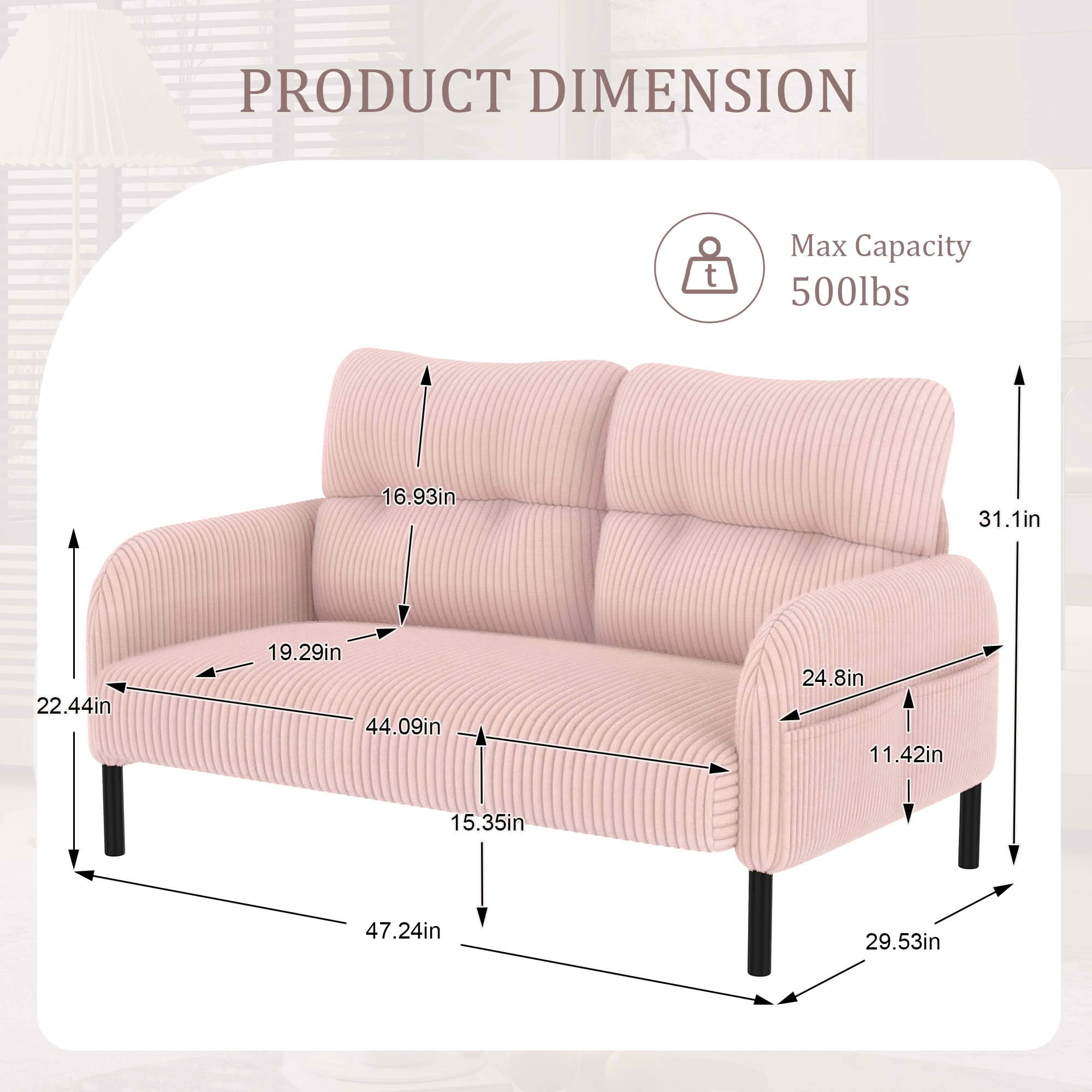 MAYEERTY Corduroy 2-Seater Loveseat, Modern Monochrome Double Sofa with Side Storage Pockets & Sturdy Wood Frame for Home Office