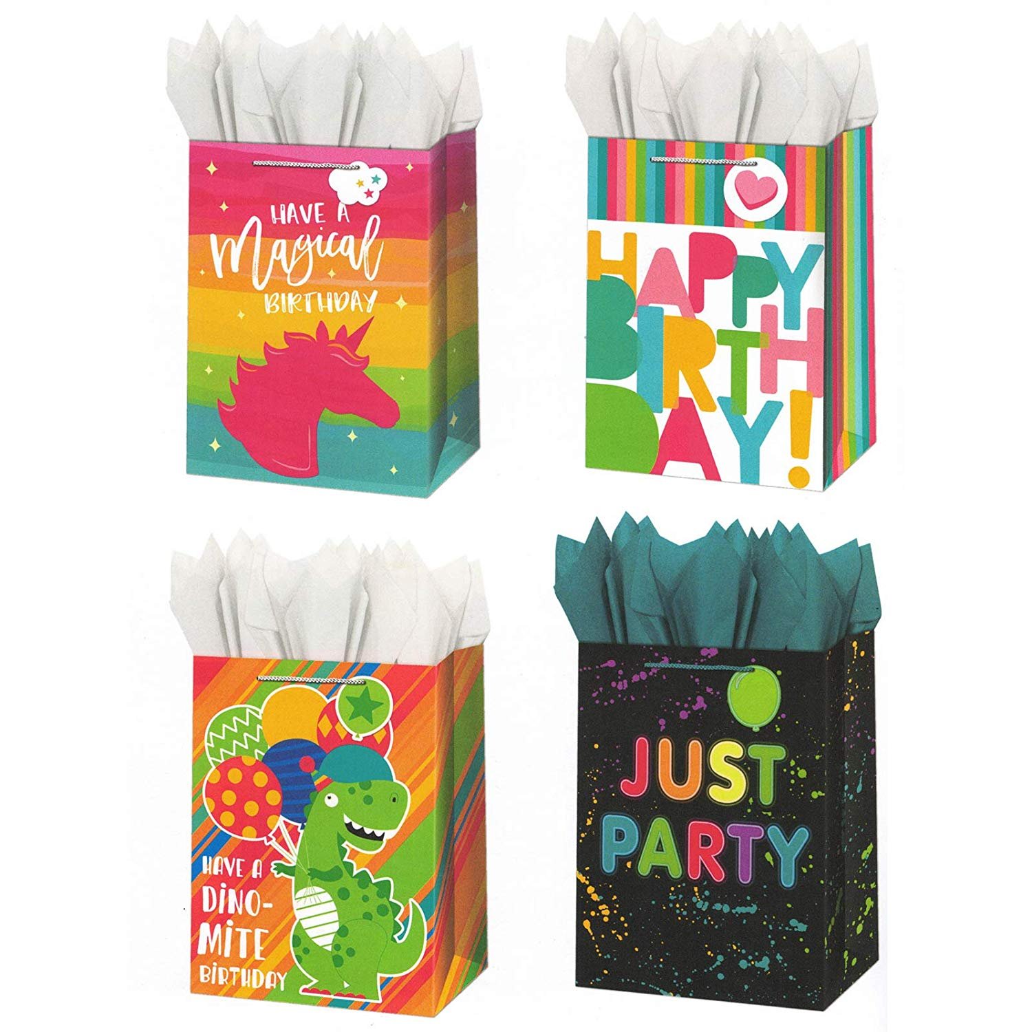 Pack of 4 Jumbo Birthday Party Gift Bags. Assortment of Foil and